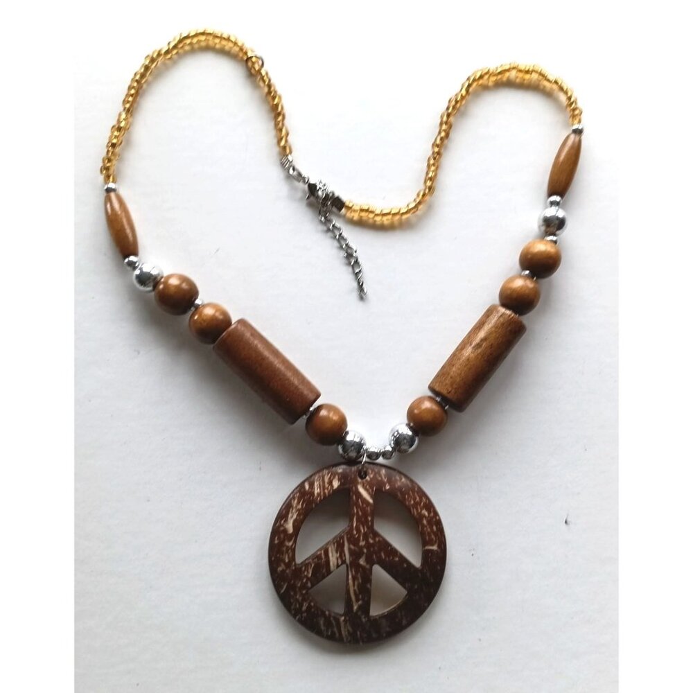 Handcrafted Wooden Peace Pendant Necklace With Yellow Beaded Chain